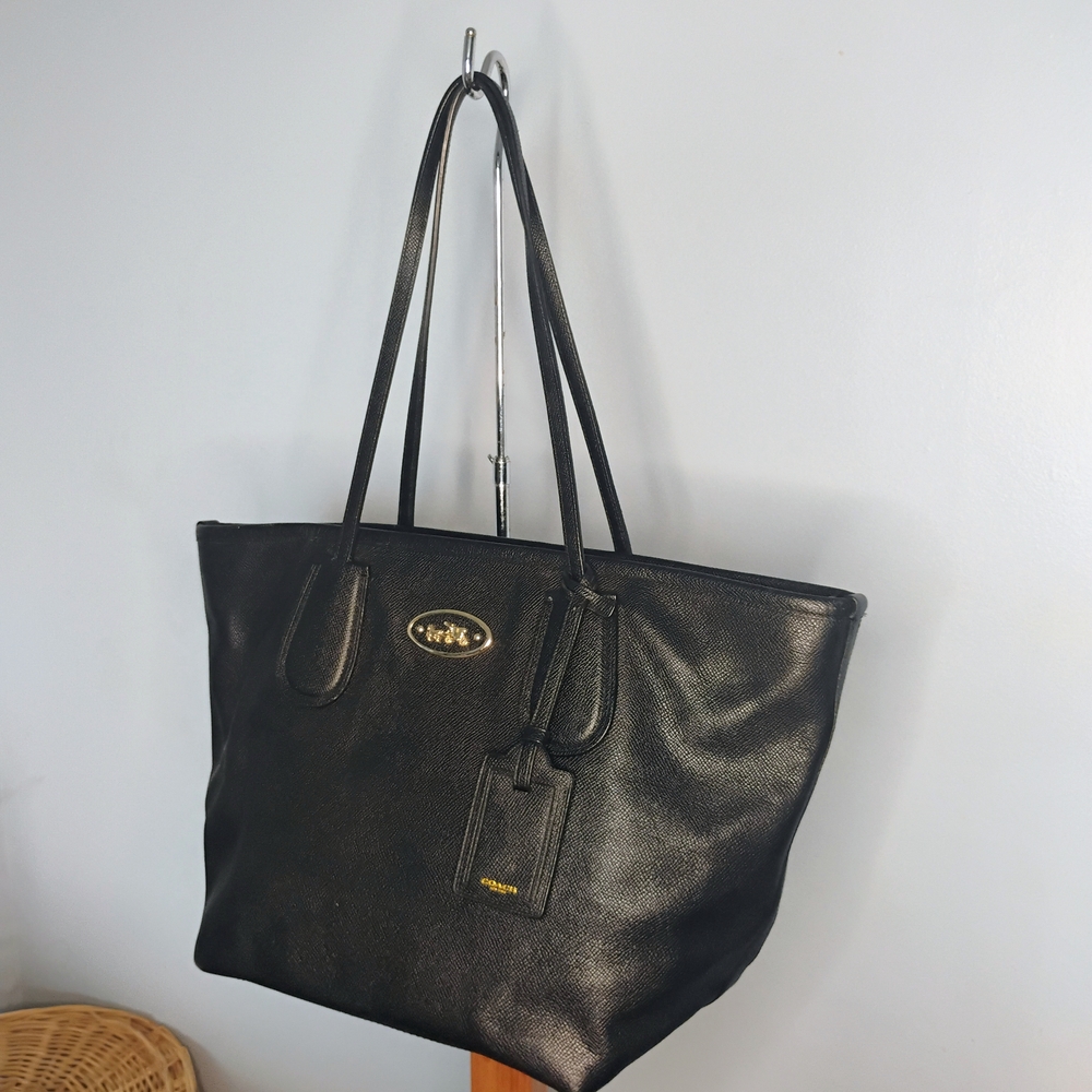COACH Taxi Zip Top Cross grain Leather Large Tote Bag Black Gold - Picture 4 of 12
